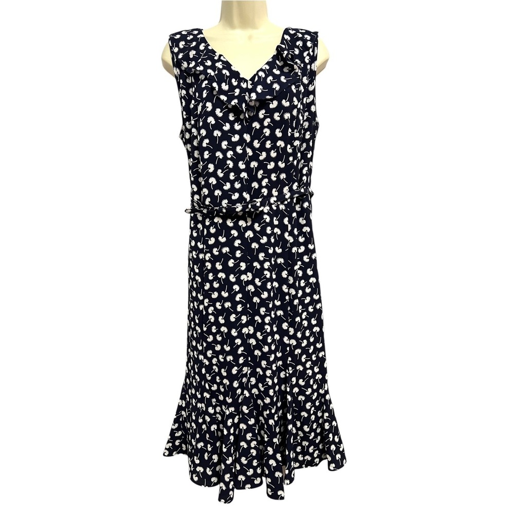 Talbots Dress Womens 14W Navy Blue Floral Dandelion Ruffle Midi Fit & Flare Work